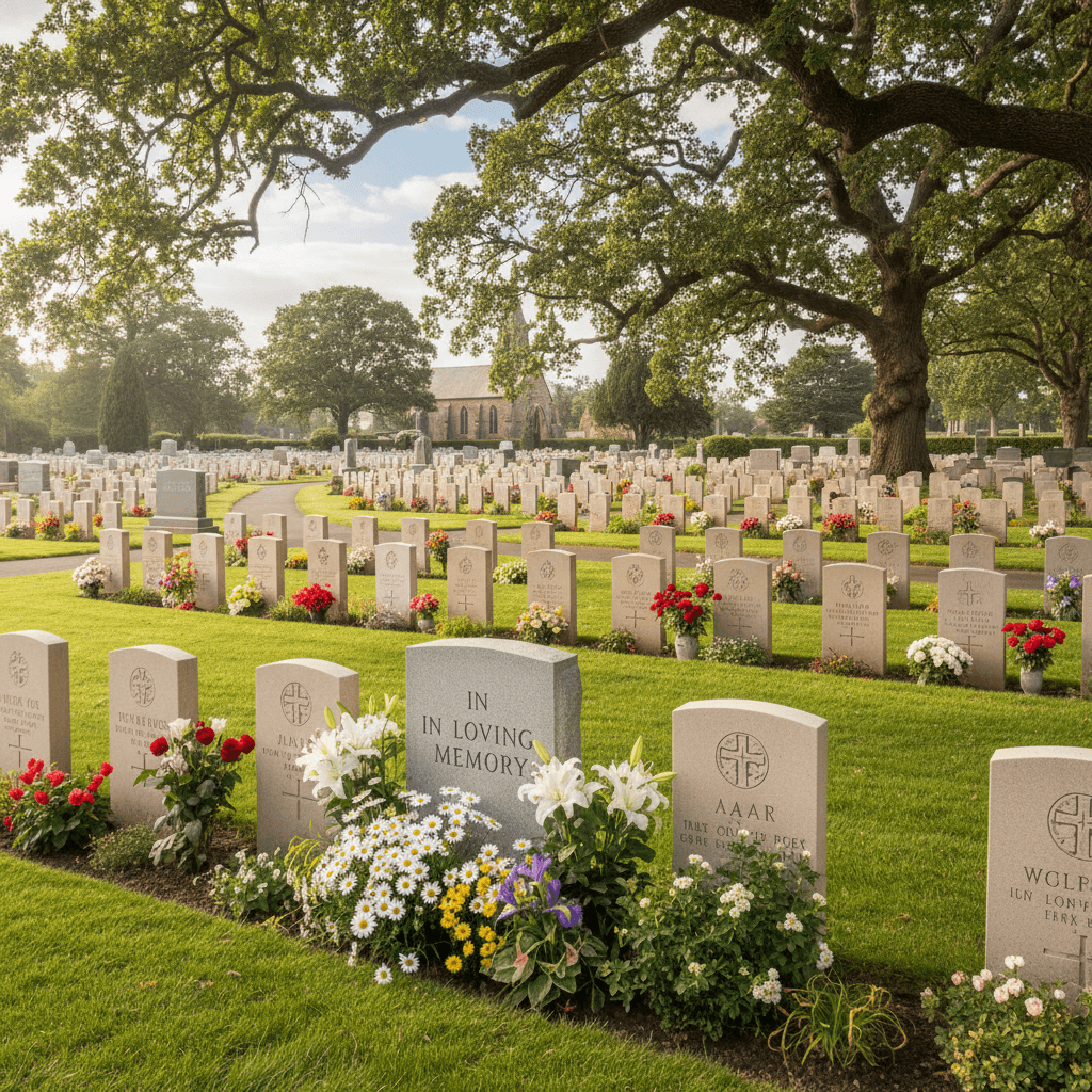 Maintained cemetery memorial with flowers