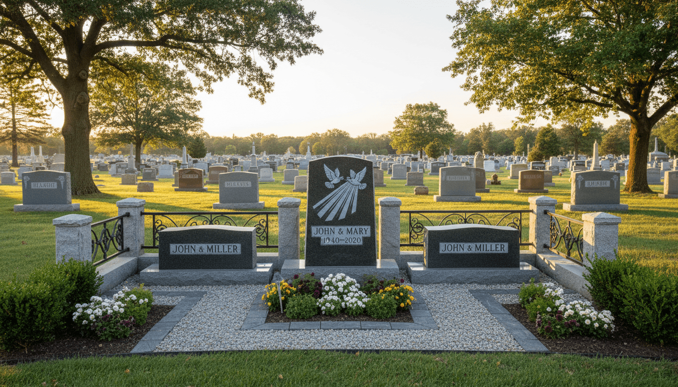 Beautifully restored headstone in peaceful cemetery landscape
