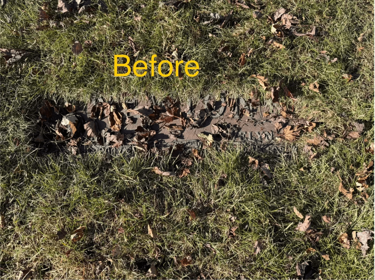 Flat headstone obscured by overgrown grass and fallen leaves with yellow text saying Before.