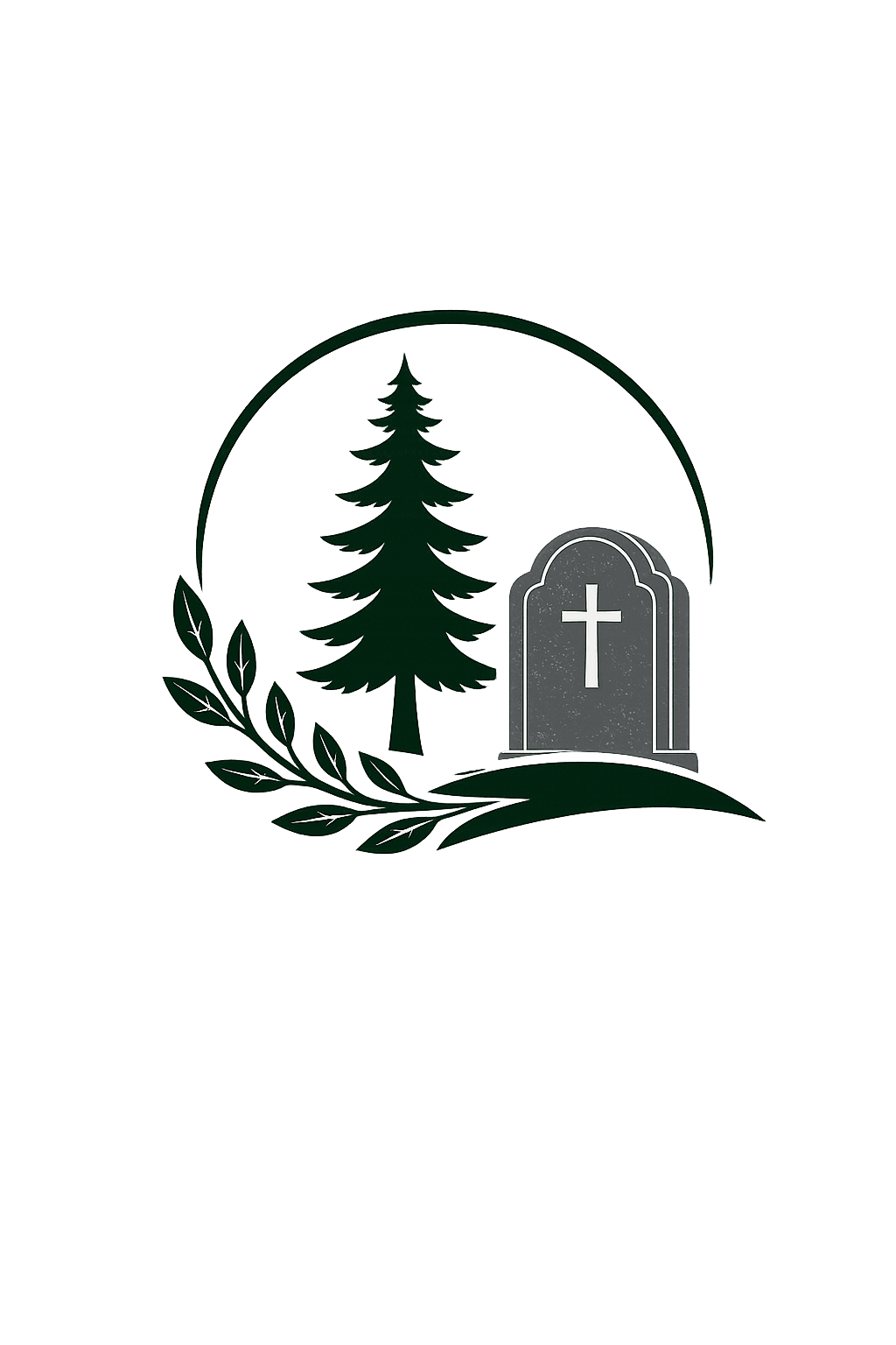 Dark green pine tree and grey headstone with a cross, framed by a leafy branch.